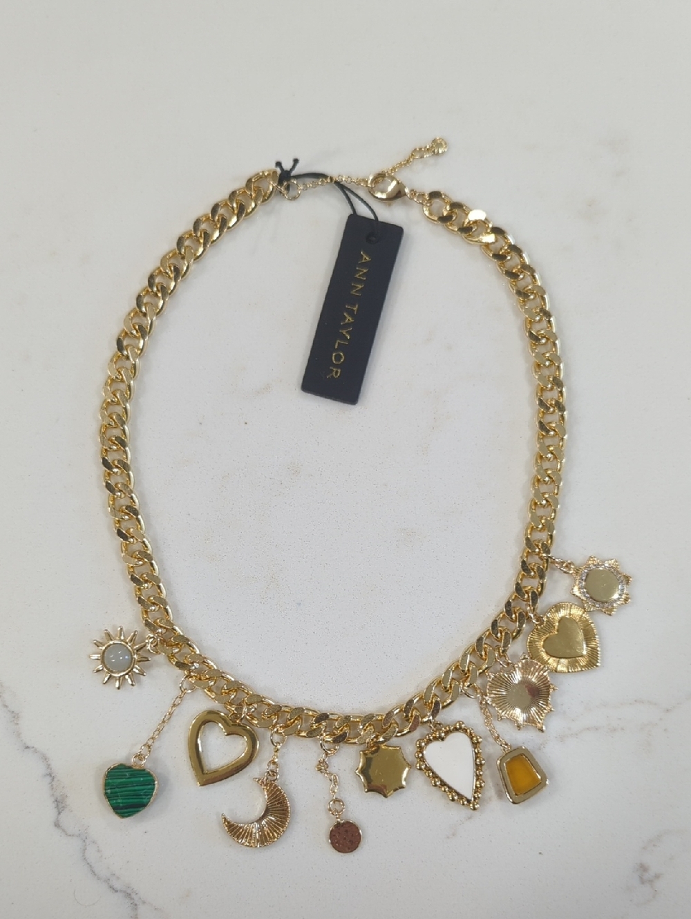 Ann Taylor Gold Chain Multi Charm Necklace with Green & Yellow Accents